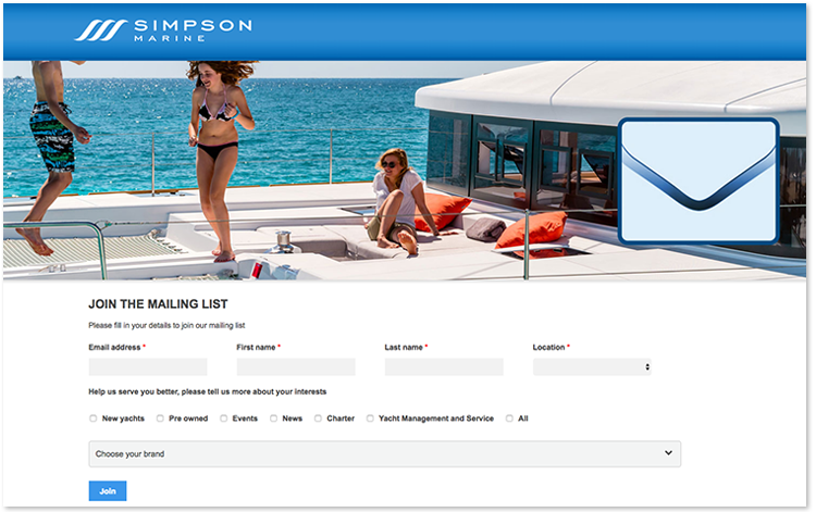 Simpson Marine的通訊訂閱表格詢問用戶的興趣。