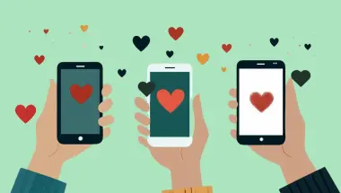 Three hands holding mobile phones with pictures of hearts