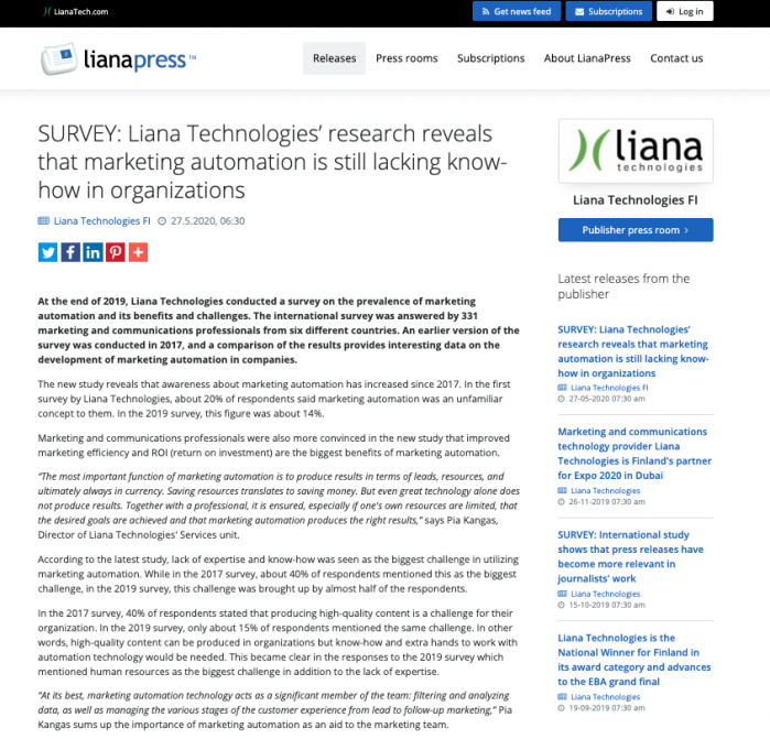Thông cáo báo chí Liana Technologies