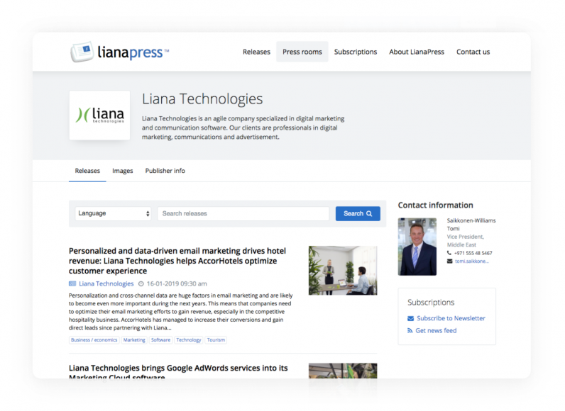 LianaPress user interface 