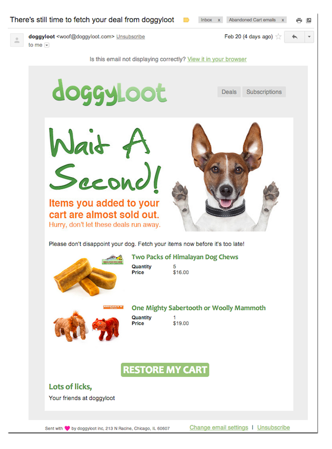 Cart abandonment reminder by Doggyloot