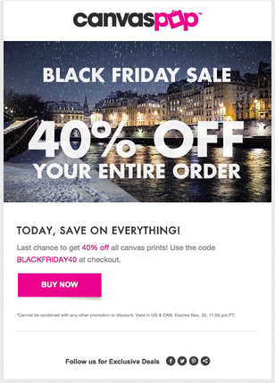 Canvas Pop gives 40% off all products on Black Friday.