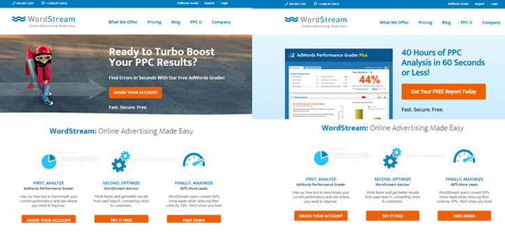 AB testing on the WordStream main webpage, testing different versions of the header