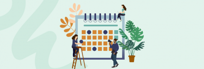 Illustrated picture of two people looking at a content calendar.