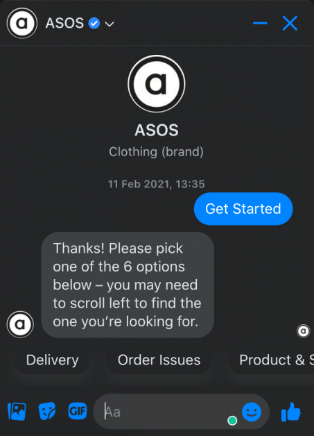 Facebook bot example by Asos