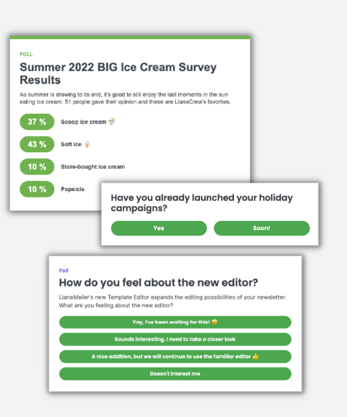 Examples of newsletter polls created with email marketing tool LianaMailer